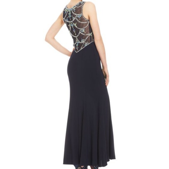 Navy Blue and Teal Sweetheart Beaded Prom Gown - Picture 2 of 8